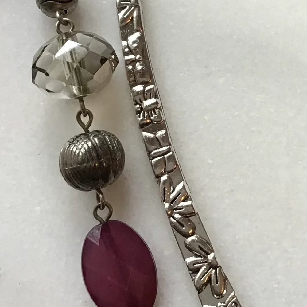 Tibetan Metal Bookmark Flower Engraved Silver‎ and Purple Beaded Hook Bookmark
